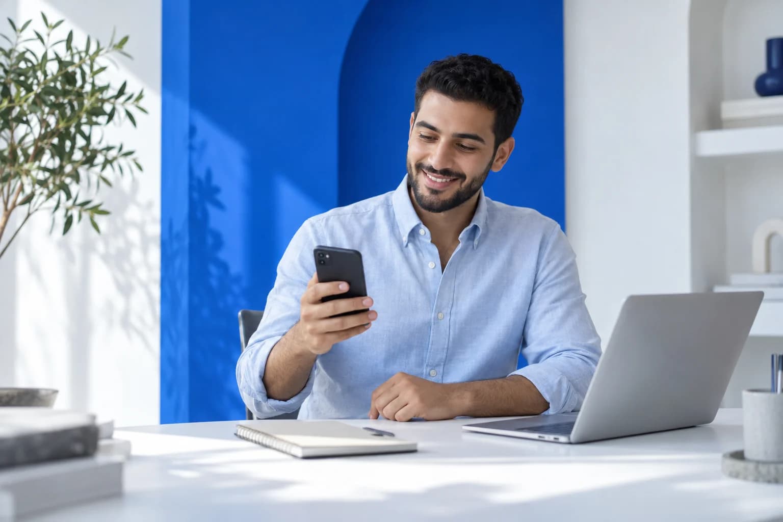 صاحب عمل يتابع رسائل عملائه من مكتبه
