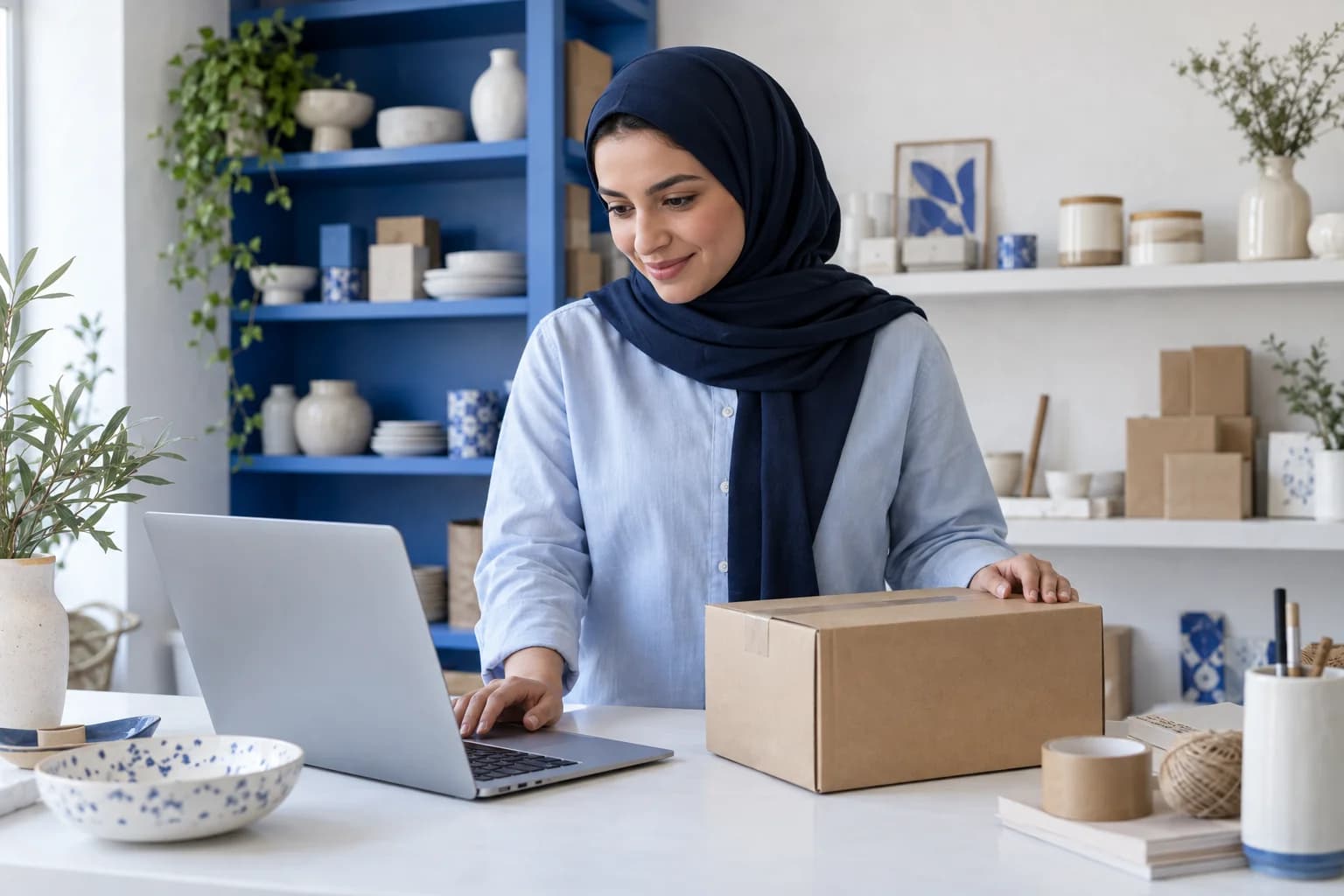 صاحبة متجر تجهز طلبات العملاء وتتابع عملها على الحاسوب